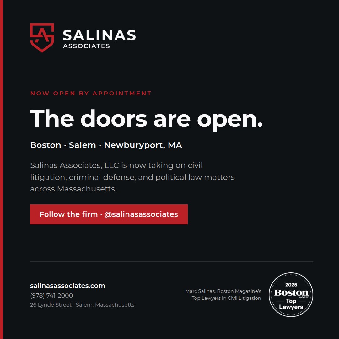 MarcSalinasEsq's tweet photo. Salinas Associates, LLC — By appointment only in Boston, Salem, and Newburyport, Massachusetts.

25+ years in Massachusetts courtrooms, now in one firm: civil litigation, criminal defense, and political law.

Clear guidance, thoughtful strategy, creative solutions.

https://t.co/y9IUFU3d5e