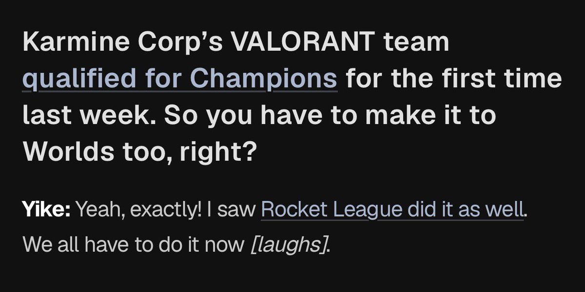 KCmelomini's tweet photo. Yike réagit à la victoire des autres équipes #KCORP : L'équipe VALORANT s'est qualifiée pour les Champions. Il faut que vous atteigniez les Worlds vous aussi non ?
Yike : Ouais, exactement ! J'ai vu que l'équipe Rocket League aussi. Il faut qu'on y arrive tous maintenant [rires]. https://t.co/Lf16iEndPO