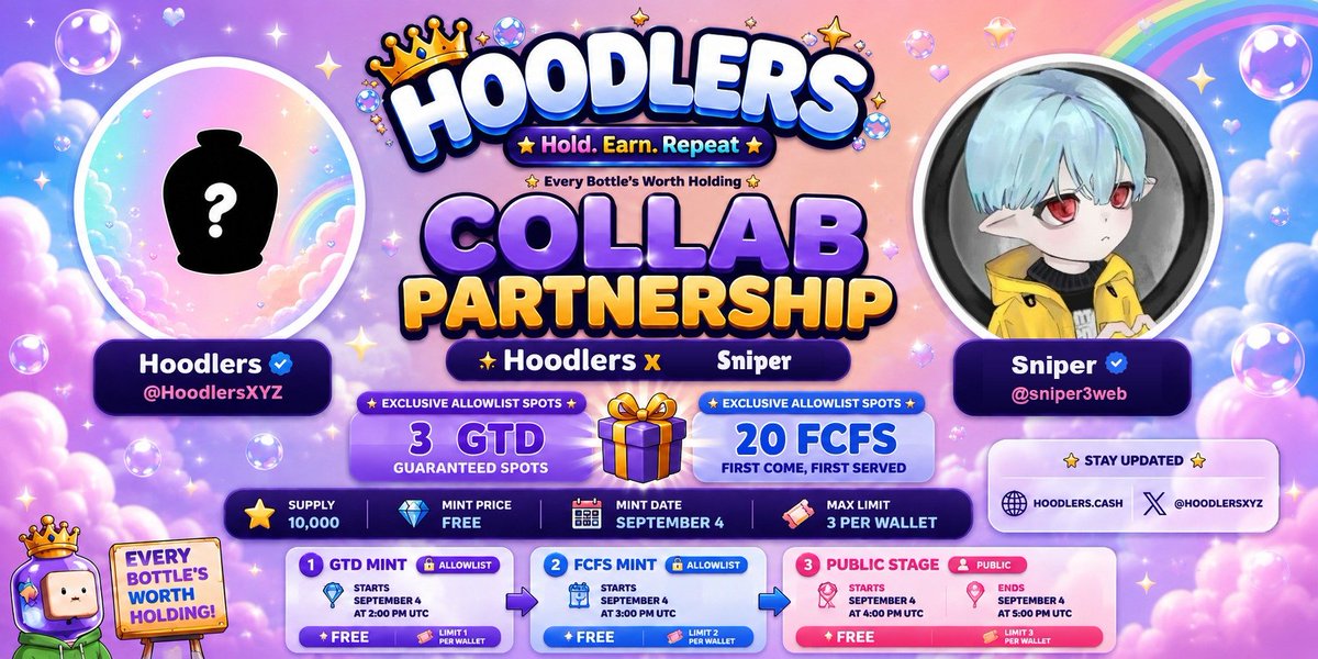 sniper3web's tweet photo. 🎁@sniper3web twitter × @HoodlersXYZ COLLAB GIVEAWAY 🎁

We’re teaming up with Hoodlers! 👑🫧

🔥 3 GTD spots
⚡ 25 FCFS spots
🆓 FREE MINT

📅 September 4
GTD — 2 PM UTC
FCFS — 3 PM UTC
Public — 4–5 PM UTC

To enter:

Follow @HoodlersXYZ+@sniper3web

Like & repost
Drop your wallet below 👇

🌐 https://t.co/yoCCXvpjFG
🖼️ https://t.co/Ncj5ngSinx

Good luck! 🍀👑