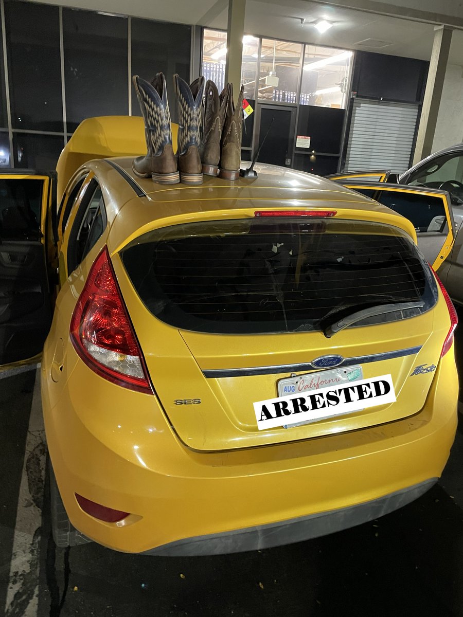 SCCoSheriff's tweet photo. FROM BOOTS TO BEHIND BARS: A man was caught stealing two pairs of boots from the Boot Barn in San Martin. He took off in a yellow Ford Fiesta, but deputies found the car in a nearby parking lot a short time later. The suspect tried to run but didn’t get far. Deputies recovered the stolen boots along with drug-related items and a removable license plate. They also learned he had a $50,000 warrant. He was taken into custody and booked into the Santa Clara County Main Jail.
