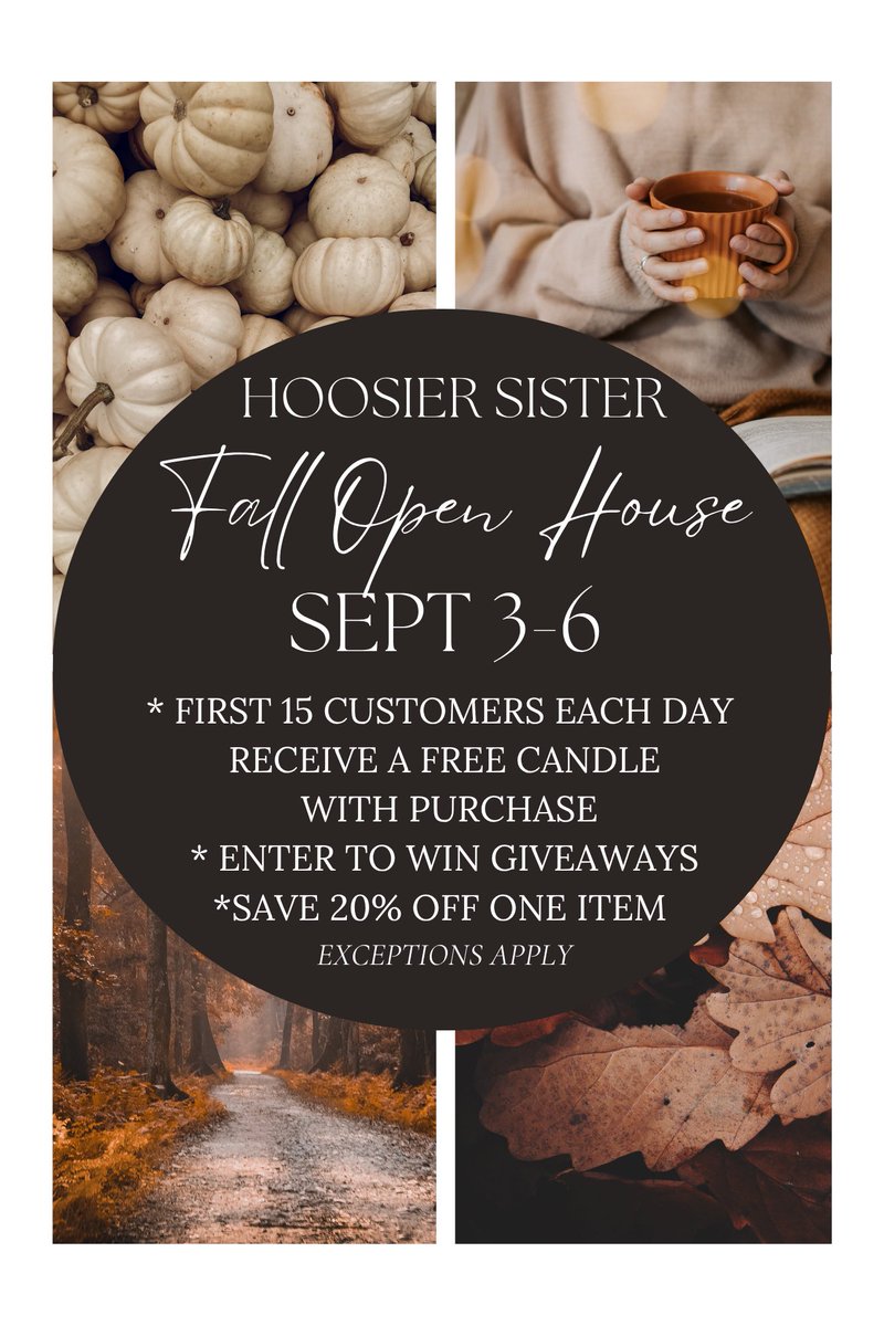 HoosierSister's tweet photo. Fall has arrived at Hoosier Sister. 🍂

Join us Thursday through Sunday, September 3–6, for our Fall Open House and be among the first to shop everything we love about the season—beautiful fall décor, cozy layers, vintage finds, candles and fragrances, gifts, and more! https://t.co/doLZbjhv7u