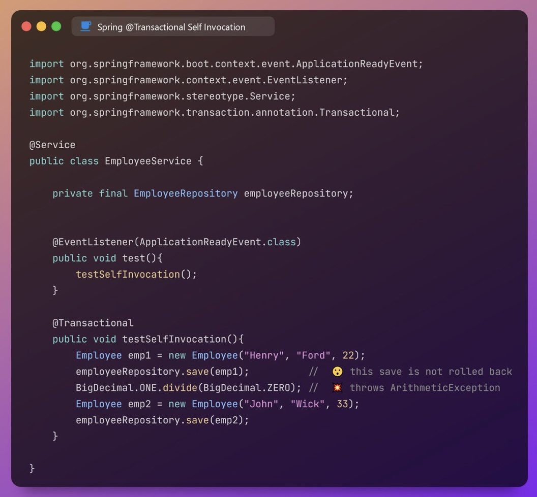 uSoully's tweet photo. A pitfall when using #java @springframework @Transactional annotation is self-invocation. In the code below you'd expect in that the first save() will be rolled back. But it won't. To work properly the @Transactional method needs to be called from another service. https://t.co/9M11LNC8mh