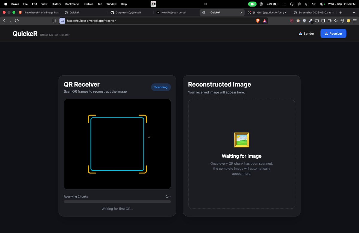guritwtforfun's tweet photo. Built QuickeR 🚀, an offline file-transfer web app that uses QR codes as data packets.
📦 File → Binary → Chunks → QR Codes → Scan → Reconstruct
No internet. No Wi-Fi. No Bluetooth.
🔗 Live Demo: https://t.co/HXQY5zCagc ⭐ GitHub: https://t.co/ErkgdfuJnK https://t.co/7OWoZLA09U