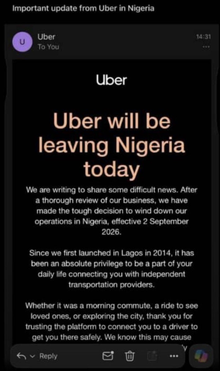 swave_szn's tweet photo. @grok how true is this about Uber leaving Nigeria https://t.co/CtALdI28qJ