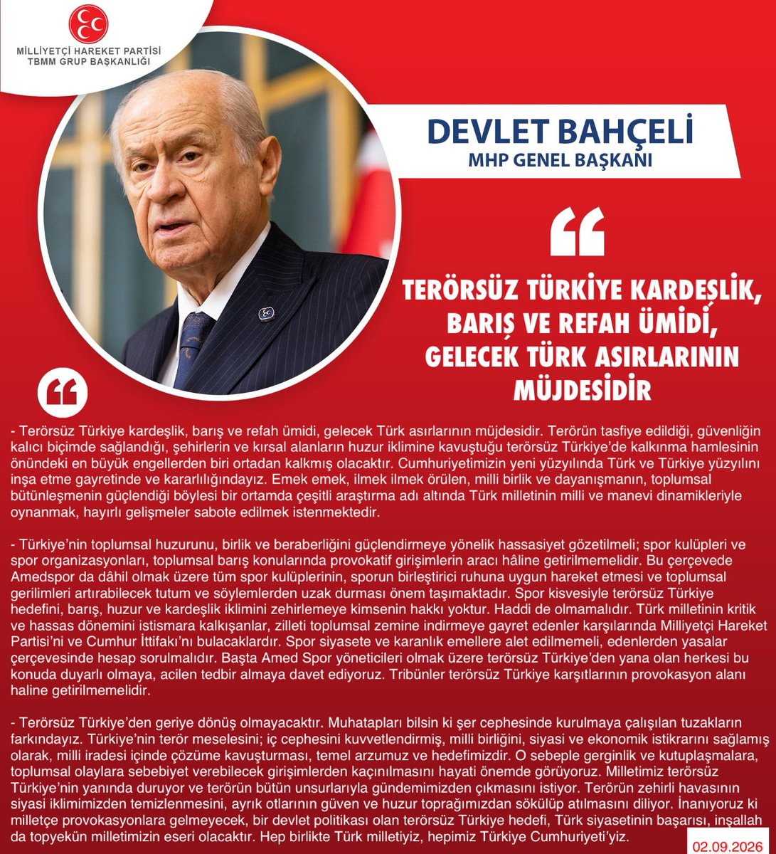 MHP__Karakopru's tweet photo. Genel Başkanımız Sayın Devlet BAHÇELİ @dbdevletbahceli: Terörsüz Türkiye kardeşlik, barış ve refah ümidi, gelecek Türk asırlarının müjdesidir https://t.co/V4O0dab9Ko