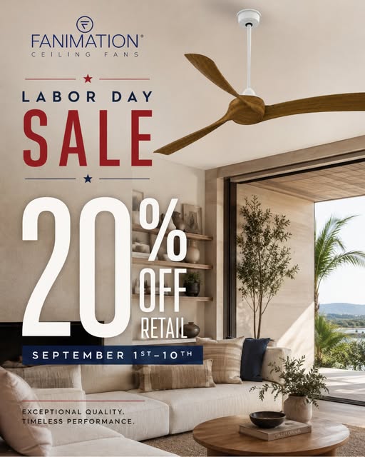 fanimation's tweet photo. 📷 Labor Day savings are here!
Celebrate the long weekend with 20% OFF Retail on Fanimation favorites.
📷 September 1–10
📷 20% OFF Retail
#Fanimation #FindYourBreeze #LaborDaySale #LaborDaySavings #CeilingFans #HomeDesign #InteriorDesign https://t.co/rQQI4BTDFf