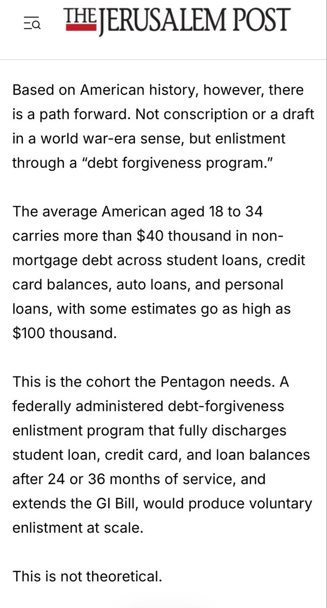 DueDoctor's tweet photo. The Jerusalem Post just ran an article saying USA should use debt to get young Americans enlisted for a ground invasion of Iran 

I have heard this as rumors in DC but to see it published is insane 

No country should have any way in our Affairs, let alone sending citizens to die https://t.co/ayy4qfFeKf