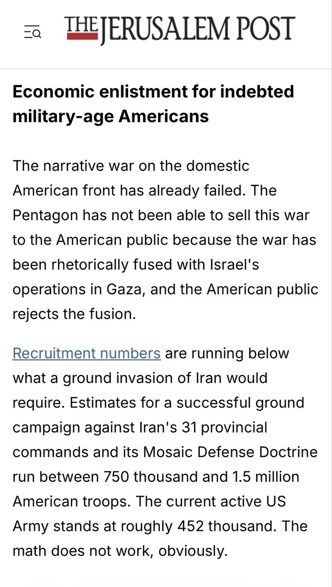 DueDoctor's tweet photo. The Jerusalem Post just ran an article saying USA should use debt to get young Americans enlisted for a ground invasion of Iran 

I have heard this as rumors in DC but to see it published is insane 

No country should have any way in our Affairs, let alone sending citizens to die https://t.co/ayy4qfFeKf