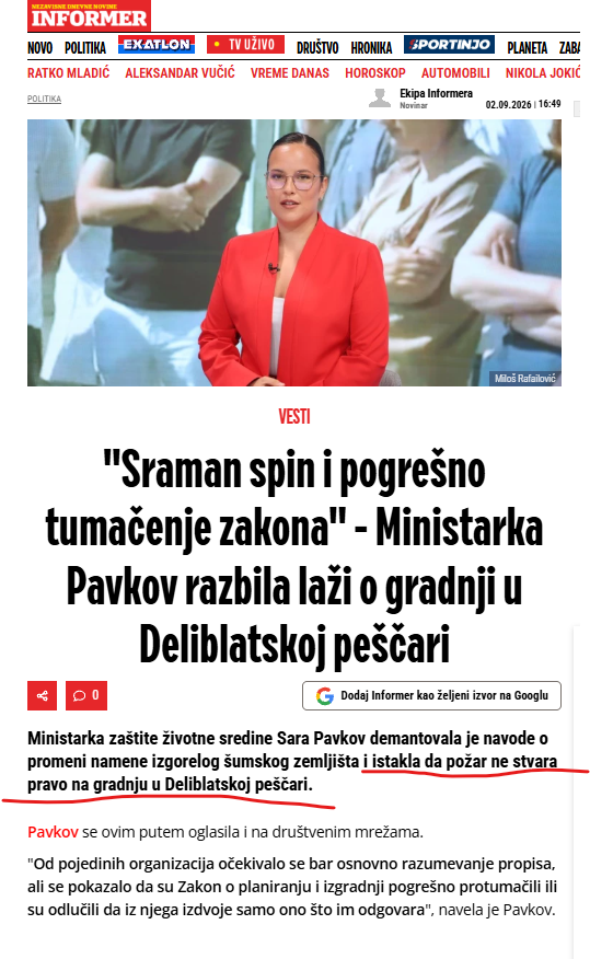 Solly_Attwell's tweet photo. Dakle, da krenemo redom, pošto gospođa Ministarka misli da smo svi ludi, a samo ona pametna...

22. avgusta poštena ministarka veli da nema promene statusa gradnje, niti bilo čega sličnog u Deliblatskoj peščari... Građani, budite mirni, dušmani vas lažu..

26. avgusta SNS iza kulisa ubacuje amandman kojim de facto dozovljava gradnju na šumskom zemljištu koje je oštećeno u požaru (gle čuda)...

Danas, gospođa ministarka ne samo da pokušava da objasni zašto je obmanula javnost pre samo 10 dana, nego objavljuje sramno saopštenje u kome navodi da neko "spinuje i pogrešno tumači zakon".

Naravno, nema objašnjenja, treba ovom moralnom i intelektualnom autoritetu verovati na reč.

ODGOVARAĆETE, gospođo, i vi, samo polako...