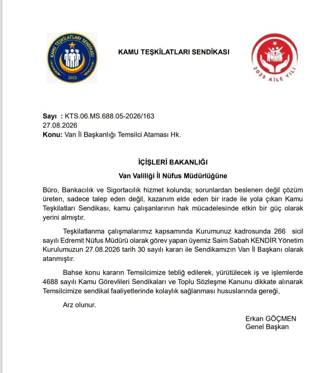 KamuTSDuyuru's tweet photo. Kamu Teşkilatları Sendikası 
Yönetim Kurulu kararıyla 
Van İl Başkanı olarak atanan 
Edremit Nüfus Müdürü 
Sayın Saim Sabah KENDİR 
başkanımızı tebrik ederiz. 

Hem Van İl Başkanlığı 
hem de yeni görev yerinin kendisine,
ailesine ve teşkilatımıza
hayırlı olmasını dileriz.

#KamuTeşkilatlarıSendikası 
#HayırlıOlsun @SaimKendir