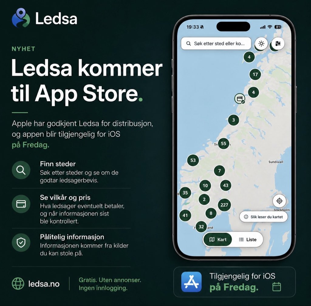 malzernBO's tweet photo. Ledsa kommer til App Store! 🥳

Apple har nå godkjent Ledsa for distribusjon, og appen blir tilgjengelig for iOS på fredag.

Søk etter steder som godtar ledsagerbevis, se hva ledsager betaler og når informasjonen sist ble kontrollert.

Gratis. Ingen annonser. Ingen innlogging.

https://t.co/0yLvRldUsi

#ledsagerbevis #iOS