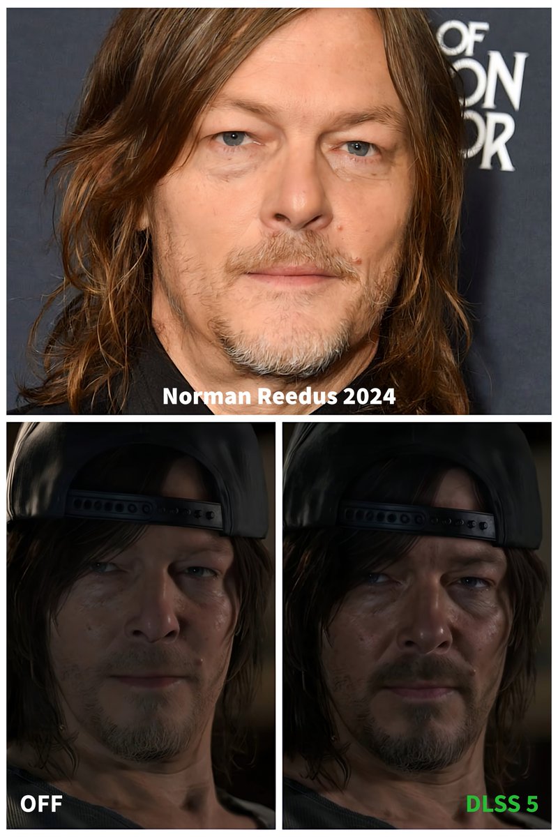 nib95_'s tweet photo. When DLSS 5 is met with already hyper realistic faces and lighting, it can make them far LESS realistic.

Massively over cooks details, wrinkles, sheen, over contours facial features etc. Look older as a result.

DLSS 5 on/off in Death Stranding 2 vs Lea Seydoux and Norman Reedus https://t.co/P6Qn6mieAM