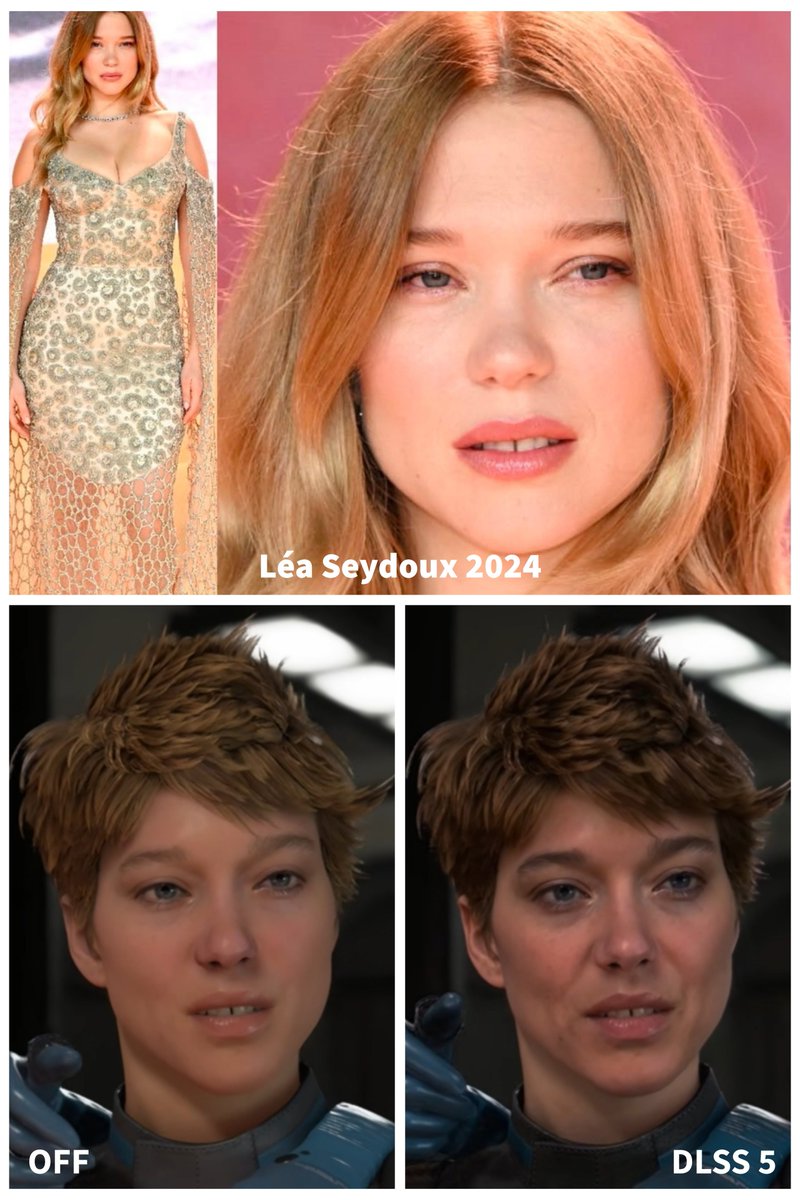 nib95_'s tweet photo. When DLSS 5 is met with already hyper realistic faces and lighting, it can make them far LESS realistic.

Massively over cooks details, wrinkles, sheen, over contours facial features etc. Look older as a result.

DLSS 5 on/off in Death Stranding 2 vs Lea Seydoux and Norman Reedus https://t.co/P6Qn6mieAM