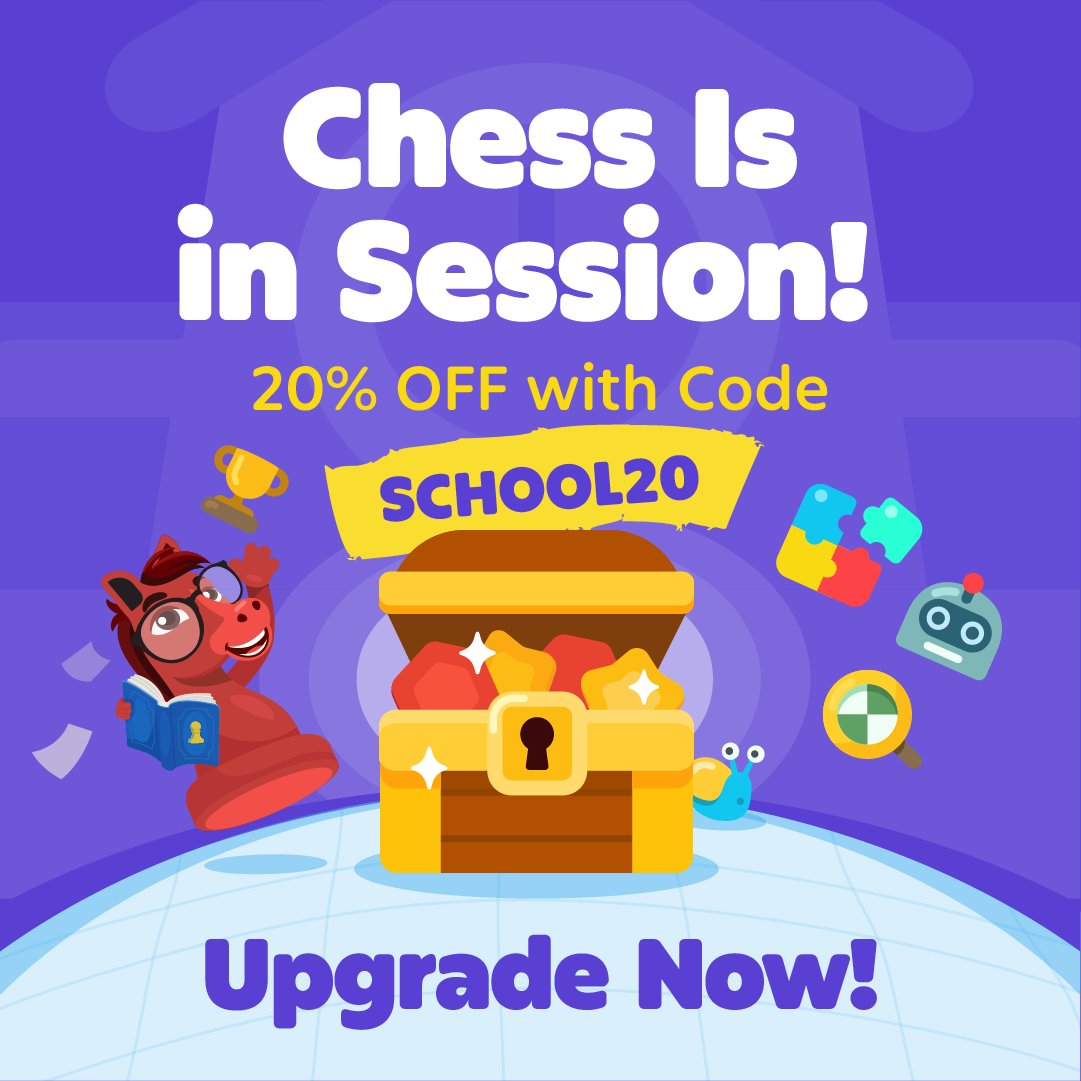 ChessKidcom's tweet photo. It's back to school season! 🌟

Get 20% off a yearly ChessKid membership until Sept. 14th with code SCHOOL20! Link in reply 👇 https://t.co/qhgCoK5kbb