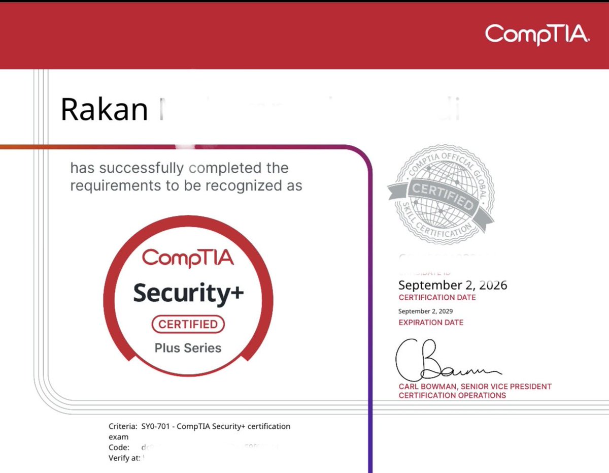 3eoii_R's tweet photo. Finally 🥳
بعد دراسه لعدة شهور حصلت على security+ https://t.co/I7Mwo9HKYf
