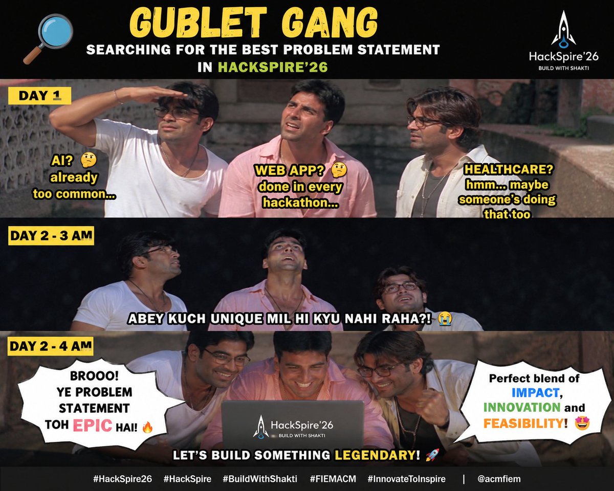 SoudipBiswas1's tweet photo. 3 members. 100+ ideas. 0 sleep. ๐ญ๐
The Gublet Gang is on a mission to find THE perfect problem statement for #HackSpire26 โ something impactful, innovative & actually buildable! ๐ฅ
Time to turn chaos into code. ๐
#HackSpire #BuildWithShakti #FIEMACM #InnovateToInspire https://t.co/RjB5wzmgO4