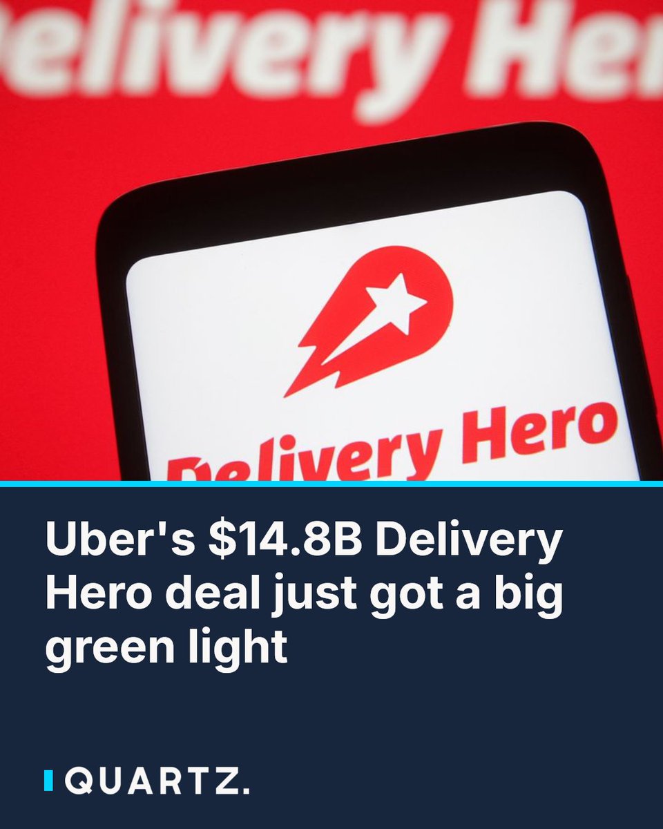 qz's tweet photo. Uber's $14.8B Delivery Hero deal just got a big green light: Delivery Hero's board is telling shareholders to take Uber's offer, calling it in the best interest of everyone from employees to merchants. The deal is the latest… https://t.co/Maodv0DaVH #Uber #DeliveryHero https://t.co/zxLgA26s3J