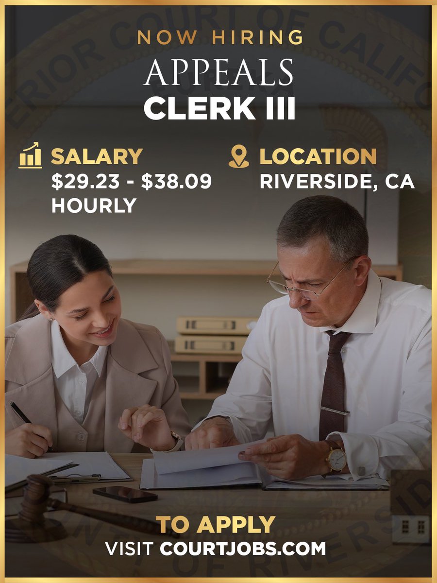 RivSupCourt's tweet photo. Riverside Superior Court is accepting applications for an Appeals Clerk III in Riverside.

Interested in building your career with the Court while serving the community? 

Learn more about the qualifications and apply at https://t.co/eXbssijzQt! https://t.co/slgtxgM29v
