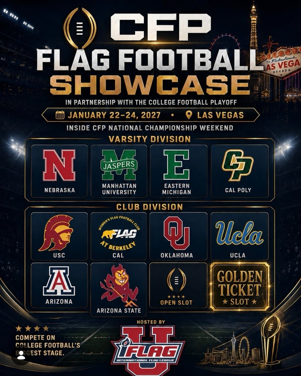 TroyVincentSr's tweet photo. Flag football is coming to @CFBPlayoff!

This week, the College Football Playoff and @iFlagfb announced a CFP Flag Football Showcase, running alongside the CFP National Championship January 22-24 in Las Vegas.
Another major milestone for flag football and the pathway we’re building for the sport. 

Football for all!
https://t.co/R7ItguoUCP