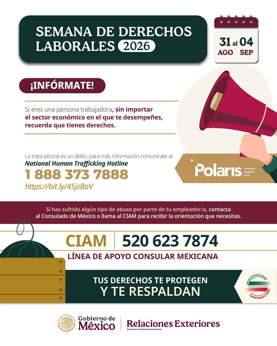 ConsulMexWas's tweet photo. 🚨 Di no a la trata laboral.
🔹 Aprende a identificar señales de alerta y protege tus derechos. 
🔹 Te invitamos a la plática que impartirá la organización POLARIS en la Sección Consular.
📅 Viernes 4 10:00 am
#DenunciaLaTrataLaboral #EvitaFraudesLaborales #TusDerechosTeRespaldan https://t.co/BeUTgTIyUO