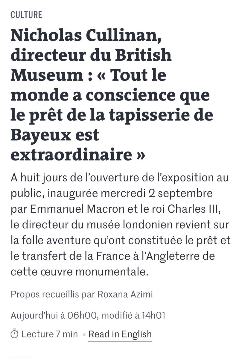 SPPEF's tweet photo. 📣🔴 Nous apprenons, dans @lemondefr 👉 https://t.co/JONgJEsq4I, que « quelques ruptures de fibres » sont à déplorer après le transport aller de la tapisserie de Bayeux. Vous nous aviez assuré que ce transport serait sans conséquence pour l’œuvre @catherinepegard. Ce n’est donc pas le cas ? Peut-on en savoir plus ? Le directeur du @britishmuseum nous explique qu’il va, par conséquent, « renforcer encore la sécurité » de l’œuvre pour son retour en France et se réjouit de ce qu’elle ne se soit pas « désagrégée dans sa caisse ». Merci à @EmmanuelMacron et au @Conseil_Etat pour ce grand moment patrimonial !