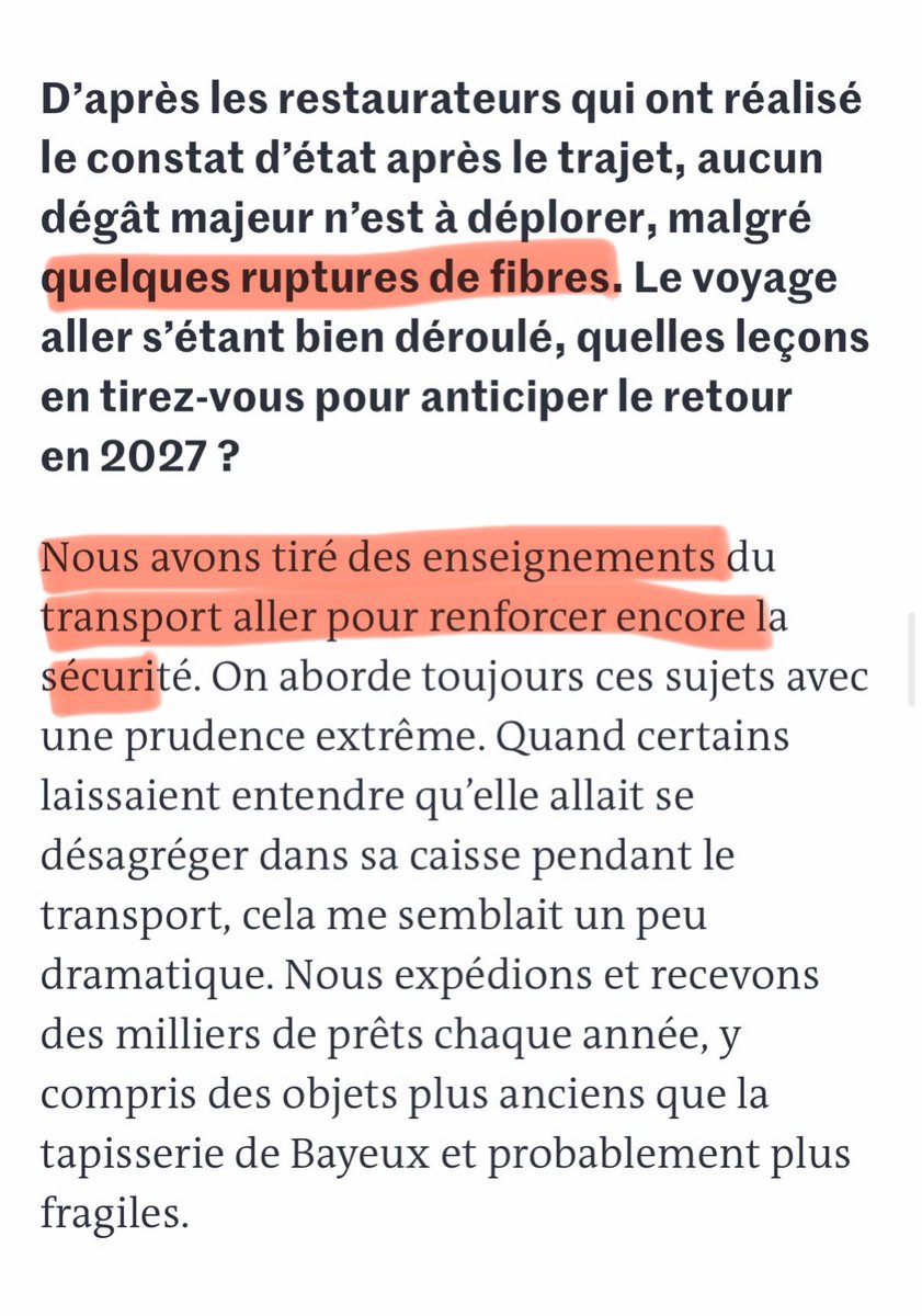 SPPEF's tweet photo. 📣🔴 Nous apprenons, dans @lemondefr 👉 https://t.co/JONgJEsq4I, que « quelques ruptures de fibres » sont à déplorer après le transport aller de la tapisserie de Bayeux. Vous nous aviez assuré que ce transport serait sans conséquence pour l’œuvre @catherinepegard. Ce n’est donc pas le cas ? Peut-on en savoir plus ? Le directeur du @britishmuseum nous explique qu’il va, par conséquent, « renforcer encore la sécurité » de l’œuvre pour son retour en France et se réjouit de ce qu’elle ne se soit pas « désagrégée dans sa caisse ». Merci à @EmmanuelMacron et au @Conseil_Etat pour ce grand moment patrimonial !