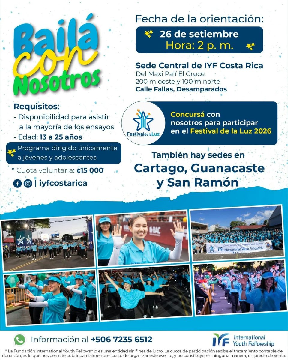 iyfcartago's tweet photo. ¡IYF quiere iluminar el Festival de la Luz 2026! 🤩✨

¡Concursá con nosotros para participar en el evento del año! 
Buscamos voluntarios que deseen bailar junto a nosotros. 🕺🏻💃🏻

📲💻Link de inscripción: https://t.co/WcHcmAM8yP https://t.co/L9F6Idxcmg