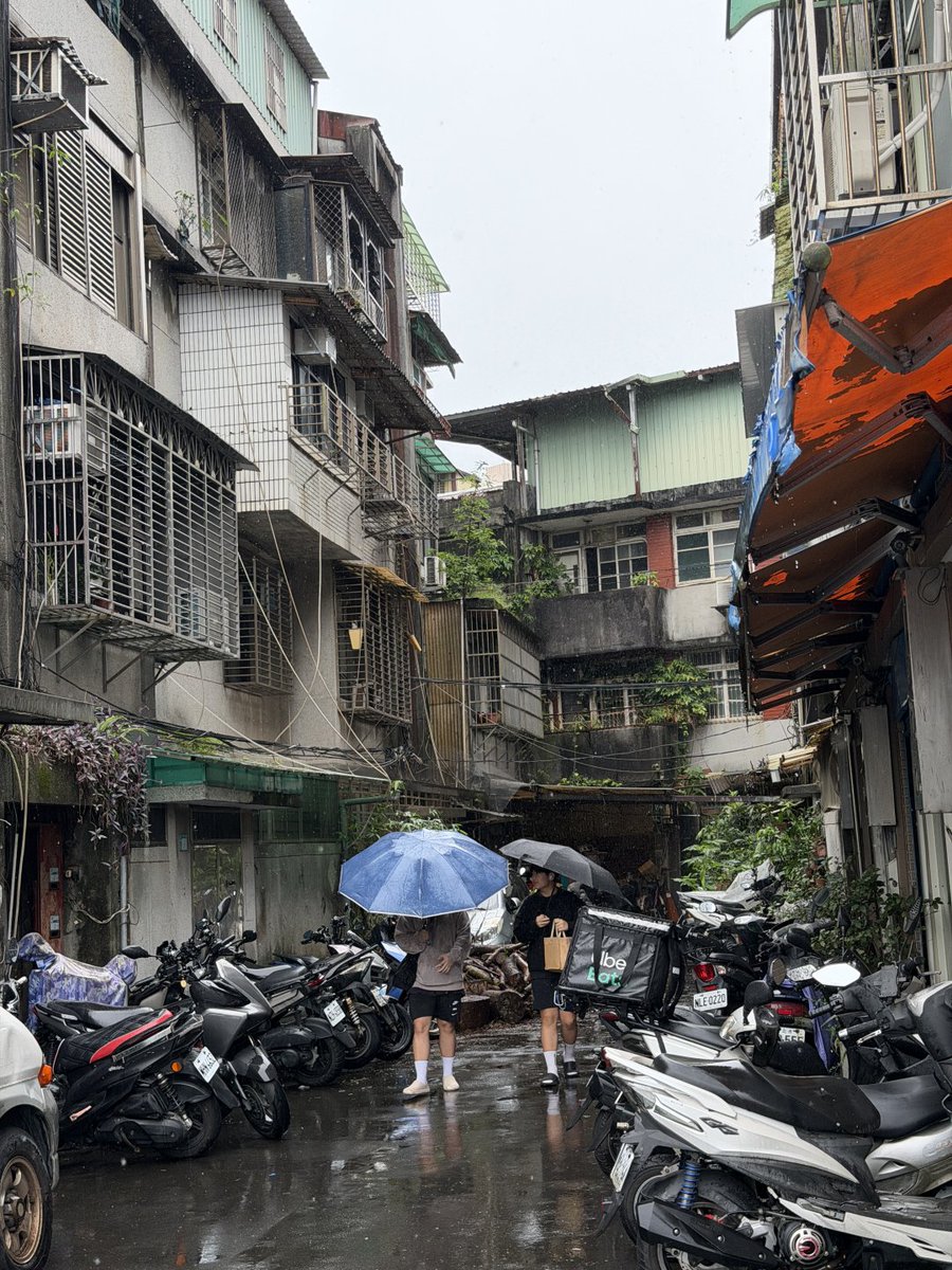 ExcellentCho's tweet photo. 雨が降る台北の路地裏☔️
古い建物、緑の植物、傘を差して歩く人たち
雨に濡れた街並みや古い建物を眺めていると、なんだか時間がゆっくり流れているような気がする☺️ https://t.co/e7mek8NlTi