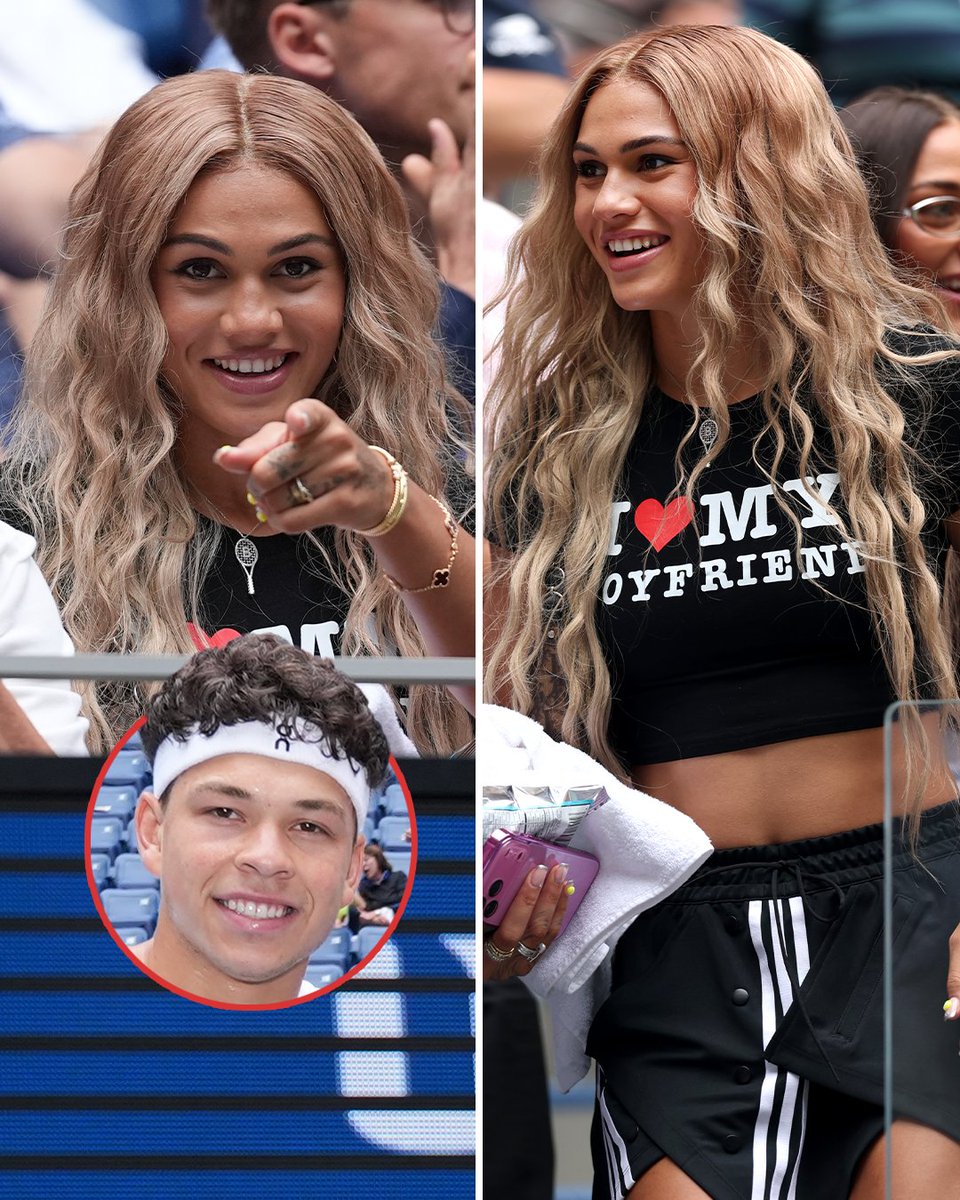 espn's tweet photo. Trinity Rodman wearing an "I ❤️my boyfriend" shirt for Ben Shelton's match at the US Open 🙌 https://t.co/GVVr06swaw