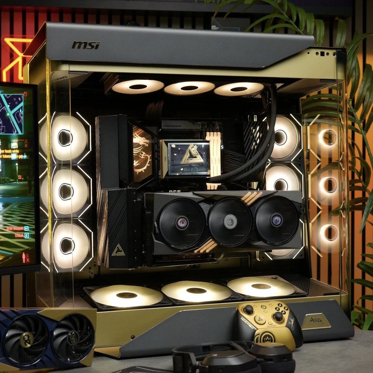 brittnaynay3's tweet photo. Whos taking this pc home for the win 🏆 👀 😈

Let's take a moment and take in the beauty of this build! Black and gold accents 😍 

This case is definitely a statement! If only we kept the lighting card from @msiUSA 🤣🤣👍 https://t.co/1eBkmh6U1H