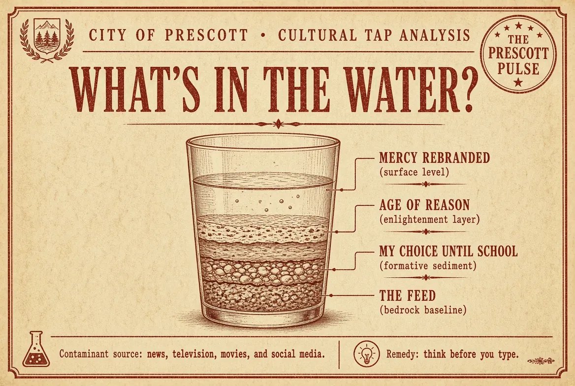 prescottpulse's tweet photo. What’s in the Water? Arizona’s real contamination problem isn’t in the aquifer. It’s coming through the screen. | Words are not water. They are pipes. They carry whatever you pour into them.

Prescott Pulse has already spent more words on water than a four-hour wasteful City Council work session. Big Chino. The Verde. Who owns what, who promised what, and who is waving climate change like a club. That series was about the non-lack of it. Click Here to read it. And we have more coming.

This one is about the other water. The stuff that seems to have seeped into the American bloodstream and left people crazy, hateful, rude, and….let’s be neighborly about it…not operating on all cylinders.

If the problem were about water main breaks, the city would send a crew. If the problem were drought, we’d argue about wells until the cows came home and then argue about the cows. But you can stand in line at Sprouts and watch a grown adult treat a cashier like a war criminal over a paper bag, then go home and watch the same person post a sermon about kindness. That is not a water-table issue. That is a soul-table issue.

So, we ran a satirical lab test on the cultural tap. We did not find lithium. We found oxymorons. The kind that would never survive a kitchen-table conversation in Prescott, but thrive under studio lights and in comment sections on the scourge of humanity….NextDoor and FaceBook.

Lab Result No. 1: Mercy, Rebranded
On The View, actress Anne Hathaway told the country that “abortion can be another word for mercy.” Mercy used to mean a blanket, a meal, a second chance, a hand on a shoulder. Now, in certain zip codes of the culture, mercy is the word you reach for when you do not want to say what the procedure actually does…stop a beating heart. For the episode, Click Here.

You can believe abortion should be legal and still notice the language is doing gymnastics. You can believe it should be rare and still notice that television has a gift for sanding the edges off hard things “until they rebrand as “healthcare.” The point is that millions of people heard a polished phrase, felt the moral weight lift, and never picked it back up.

Words are not water. They are pipes. They carry whatever you pour into them.

Lab Result No. 2: Twenty-One for Beer, Ten for Forever
Here is an oxymoron so large you could park a 747 in it.

A fifteen-year-old in Arizona cannot buy a beer. Good. The law assumes the teenage brain is still under construction, which every parent who has handed over car keys knows. That same culture will turn around, with a straight face, and tell you a child of ten or twelve is wise enough to decide irreversible medical decisions about their sex organs, the kind of decisions adults later describe with the quiet sentence, “I was sure then.”

If a kid is too young for a Coors Light, the kid is too young to be treated like a finished adult by an institution that profits from their physical and emotional trauma. That is not hate. That is the same common sense that keeps whiskey behind the bar and matches away from toddlers. We used to call it protecting children. Then the phrase got captured by people who meant “protect them from ideas I dislike,” and the original meaning wandered off towards Thumb Butte looking for a ride home.

Lab Result No. 3: My Body, My Choice — Until the Child Needs a School
Arizona has another slogan that only works in one direction.

“My body, my choice.” Fine. That is the hill a large slice of the culture will die on when the subject is stopping a beating heart. The same voices will then turn around and tell you that once the baby arrives, after the teething, the diaper rash, the whooping cough, the 2 a.m. floor-pacing, the years you spent soothing a human being into the world… your choice expires at the schoolhouse door.

You may choose not to have the child, but you may not choose how to educate the child you did have. That is the quiet rule behind the loud attack posts on Arizona’s Empowerment Scholarship Account (ESA) program.

Watch the pattern. A parent uses ESA account to buy a curriculum, hire a tutor, or get a kid out of a classroom that was failing that kid. The news package arrives with a scandal font. Social media piles on. The comments treat a mother who wants phonics as if she robbed a bank. A few ugly receipts get waved like a flag (as if no public school district has ever wasted a dime) and suddenly 100,000 Arizona families are framed as grifters for wanting a say in the one job schools are supposed to do, and failing at: educating their children.

Oversight is not the enemy. Fraud is not a personality trait of homeschool moms. But the temperature of the coverage gives the game away. The outrage is not mainly about receipts. It is about control. The unborn child is framed as a choice. The born child is framed as state inventory.

If “choice” only applies before the first breath, it was never about the parent. It was about the institution that wants the child when the funding formula shows up.

Lab Result No. 4: A Sampler of Modern Nonsense
The tap keeps pouring.

“Follow the science,” until the science shows up with two chromosomes and a middle-school biology book.

“Love is love,” until you love the wrong opinion, at which point love puts on boots.

“Diversity,” which now often means a room that looks like a catalog and thinks like a memo.

“Safe spaces,” which are frequently the least safe places for our children.

“Protect the children” from peanuts, secondhand smoke, and a warm six-pack, then hand them a phone that never sleeps and a curriculum that treats their confusion as a costume change.

“Words are violence,” declared by people whose timelines look like a bar fight on Whiskey Row at last call.

“Be kind,” stamped across a profile that hunts strangers for clicks.

None of these contradictions were born fully formed. They were produced, packaged, and delivered. Sitcoms taught the sneer. News panels taught the pile-on. Movies taught that the small-town skeptic is always the punch line. Social media taught that the fastest way to feel tall is to make someone else look small.

The Water Didn’t Raise You. The Feed Did.
Here is the part that is supposed to sting, and also the part that is supposed to free you.

Human beings are not issued “hateful personalities” at the hospital with the birth certificate. They are not issued a “dumb card” because they grew up helping on the family farm instead of going off to university. Meanness is an acquired taste. Stupidity, in the civic sense, is often just unexamined slogans repeated until they feel like reality.

Newsrooms, studios, streaming queues, and the little slot machine in your pocket will rent you an identity by the hour. They will tell you who the villain is before breakfast and who the hero is by lunch. They will reward the hottest take and bury the person who said, “I don’t know enough yet.” They will train you to confuse contempt with intelligence. That training works. Look around.

Prescott still has an antidote most cities find ridiculous. People wave in parking lots. They hold doors. They talk about weather like it matters because out here it does. That ordinary decency is not nostalgia. It is discipline. It is what a town looked like when people remember they might see each other at Safeway tomorrow. And it’s disappearing, and it’s dying… if we let it.

Think Before You Type
You have a choice the aquifer does not. Water goes where gravity sends it.

You can be kind or you can be hateful. That is not a branding exercise. It is a decision you make with your mouth, your keyboard, and your face when somebody across the aisle says something you disagree with, prays differently, or asks an unfashionable question. Kindness is not a surrender. It is the refusal to become the thing you claim to oppose. Be better.

Before you hit send, run a quicker test than any city lab…

Would I say this to a neighbor’s face on the Courthouse Plaza?

Am I trying to understand, or am I trying to win a crowd that will forget me in twelve minutes?

Did I learn this sentence from a person I love, or from a show that needs me angry so the ads pay better?

If the answer makes you wince, delete it. The republic will survive the loss of your post. Your name might even look better without it.

Arizona’s water fights will go on. They should. Water is life out here, and life is worth an argument conducted like adults. But the craziness, the rudeness, the sudden collapse of common decency…we need to shut off the tap that is running like a firehose in Prescott/Yavapai County.

What is coming out of the culture we keep inviting into the living room and then act shocked when it rearranges the furniture, has to stop.

Shut the faucet off. Talk to a human being who is not a comment. Choose a decent word when the cheap one is easier.

Water was never the problem. We are. And unlike the aquifer, we can change course without a court order. Do it!