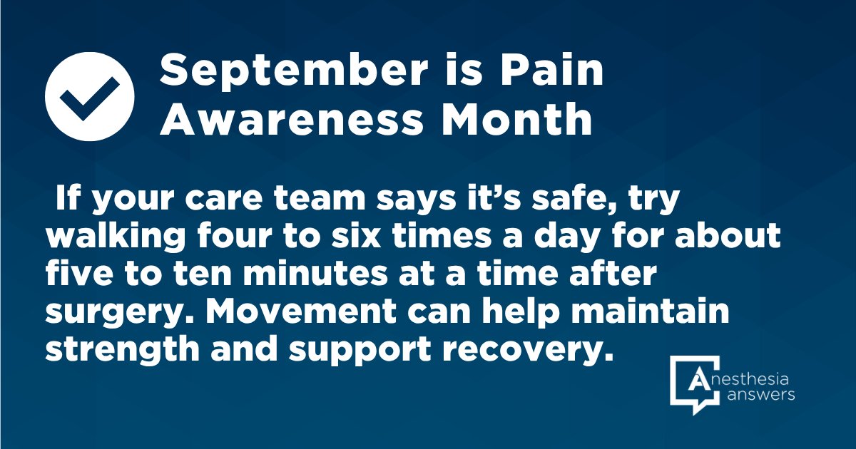 aanacrna's tweet photo. After surgery, movement can be part of pain management and recovery but the right amount is personal. If your care team says walking is safe, follow their guidance and contact them with questions or concerns.

Learn more: https://t.co/CpIZybTdXq #PainAwarenessMonth https://t.co/GAzTFGqVGb