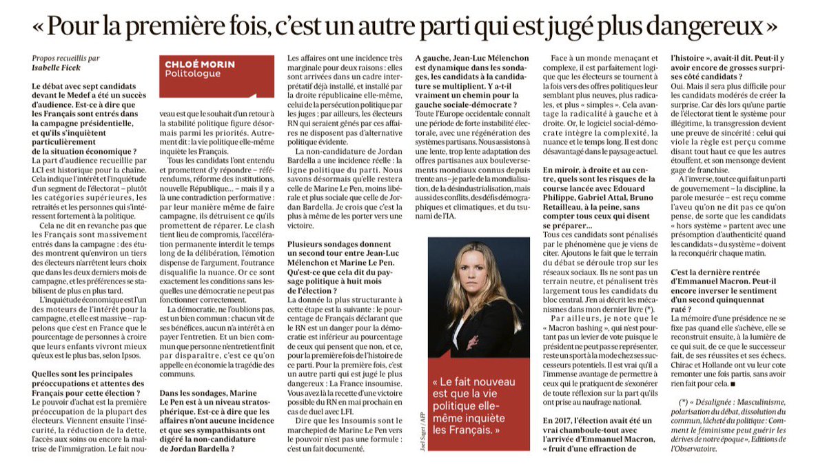 ChloeMorin2's tweet photo. Que penser de la campagne présidentielle à ce stade ? Les Français ont-ils des raisons d’être inquiets? 

Pour tenter d’éclairer un peu le brouillard ambiant, j’ai répondu aux questions d’Isabelle Ficek @LesEchos https://t.co/dnja91JMqU