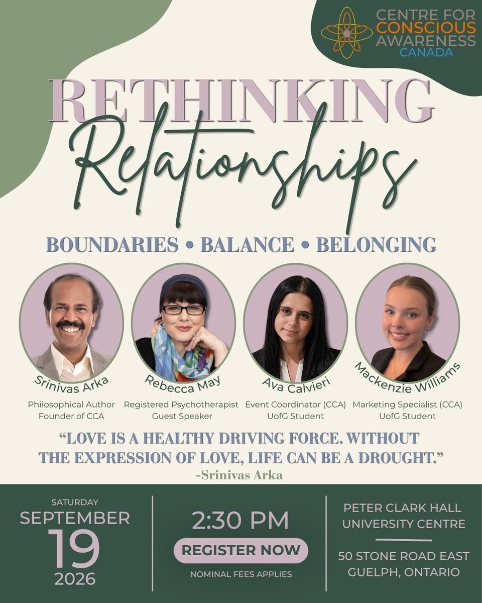 CCA_Canada's tweet photo. Letโs rethink relationships.
Join us on September 19th at 2:30 PM EDT at the University of Guelph for a youth-focused afternoon of real conversations, new perspectives, a vegetarian meal, and exciting prizes!
๐ https://t.co/1c66zQyOre
#SrinivasArka #RethinkingRelationships https://t.co/bBSMVIIHtv