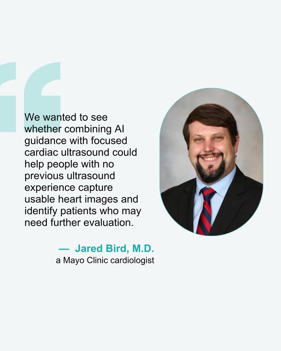 MayoClinic's tweet photo. Mayo Clinic researchers tested an approach that uses artificial intelligence (AI) to help people without previous ultrasound experience capture heart images and identify patients who may have a common and serious heart valve condition. 

Learn more: https://t.co/8eEGMf1upb https://t.co/U4DpWX68kj