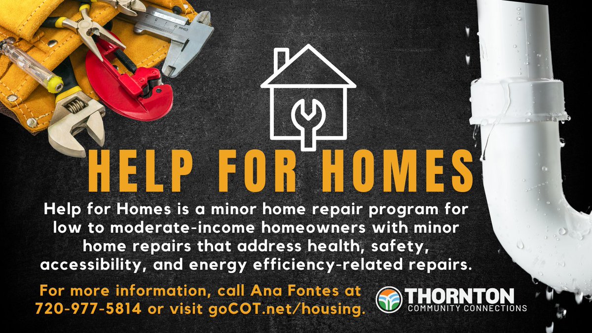 CityofThornton's tweet photo. Get help with home repairs with Thornton’s Help for Homes program!🏠
📲 To learn if you qualify, visit https://t.co/E3mDyGogQc  or call 720-977-5814. https://t.co/Pz7nleeOnX