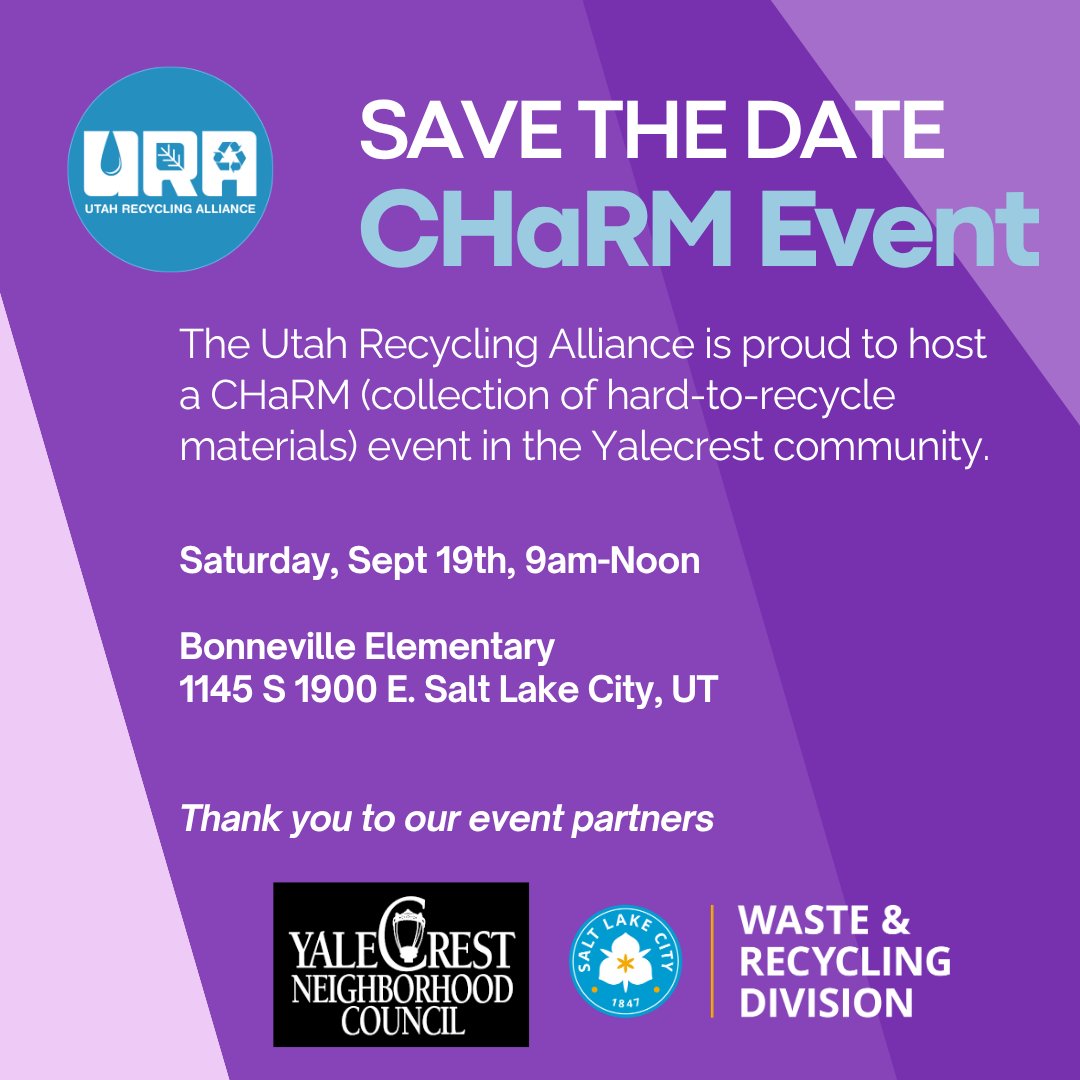 SLCgreen's tweet photo. Join us for our CHaRM event happening September 19th from 9 am - 12 pm. This is a free community recycling event that helps resident divert materials away from the landfill by partnering with local specialty recycling businesses. ♻️🌎💚 To learn more, check our link in the bio! https://t.co/LlbgG8Cm8R