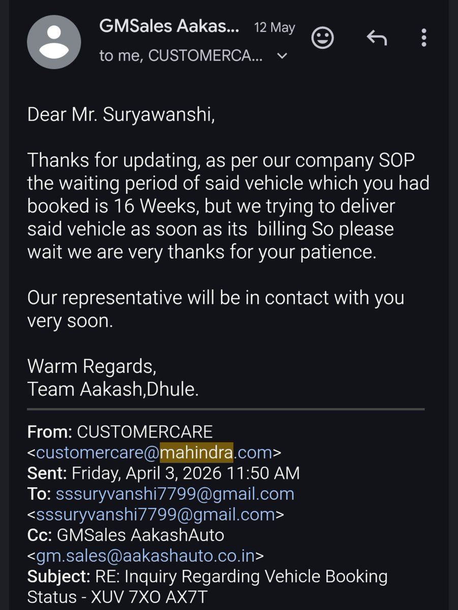 ReverseZomB's tweet photo. @anandmahindra

Booked XUV 7XO 6 months back. Got the timeline as 16 weeks on mail.

Now,
No reply on email. 
No reply from customer care.

Anyone who thinks Mahindra's after sales service is bad, try their pre sales service. Worst experience.

 @Mahindra_Auto @Mahindra_XUV7XO https://t.co/5y6FvkdVdX