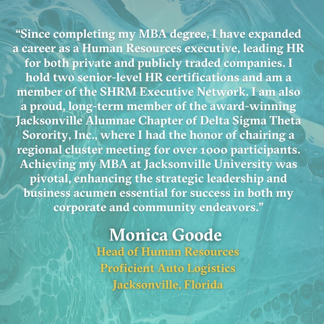 JUbusiness's tweet photo. #Alumni Spotlight! Monica Goode, #MBA alum, says, " Achieving my MBA at Jacksonville University was pivotal, enhancing the strategic leadership and business acumen essential for success in both my corporate and community endeavors.” https://t.co/Y9TZj9khjr