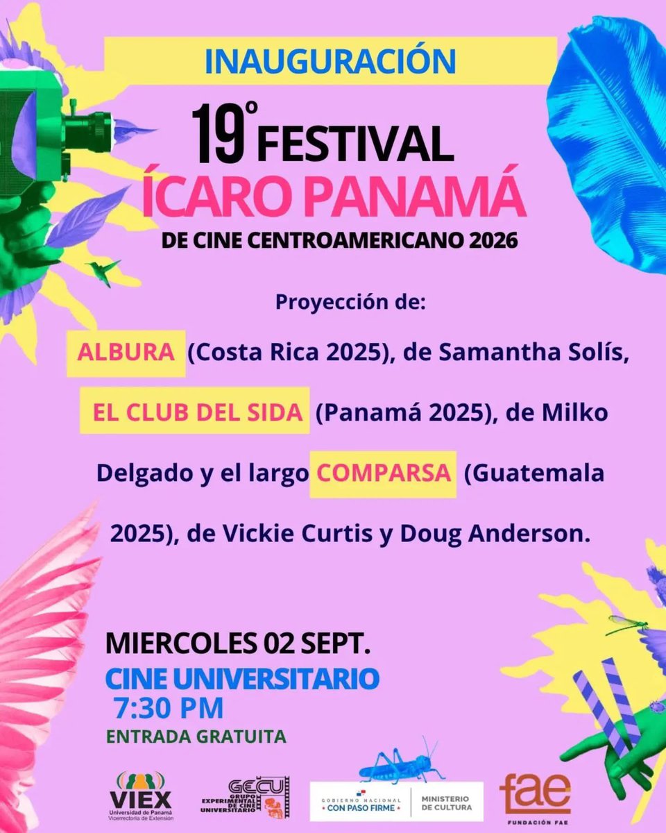 FAEPanama's tweet photo. ¡HOY ARRANCA EL FESTIVAL ÍCARO PANAMÁ 2026! ✨🎬

¡Llegó el día! 🇵🇦🔥 Después de tanto trabajo, preparación y cine, hoy damos inicio a una nueva edición del Festival Ícaro Panamá.

📍 Cine Universitario
🗓️ Hoy, 2 de septiembre
⏰ 7:30 p.m.
🎟️ Entrada gratuita
#FestivalÍcaroPanamá https://t.co/ctINfJoAHZ