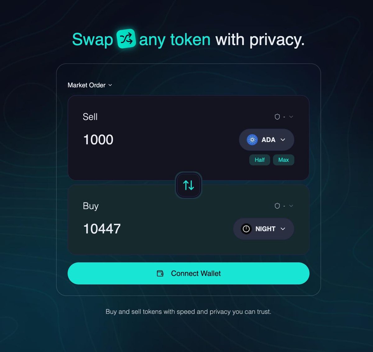 pulseonmidnight's tweet photo. Users can already trade ADA, NIGHT, USDCx and USDM

Privacy DeFi is here on Midnight 🔥

Which tokens do you wanna see next? 👀 https://t.co/mtwlg8P8IH