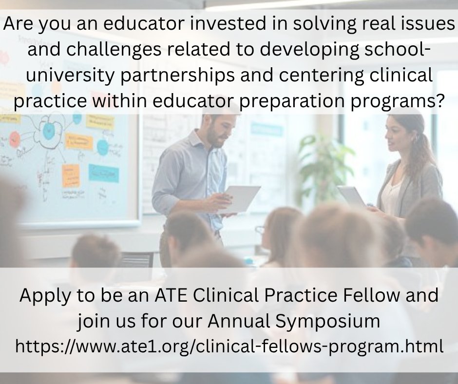 AssocTeacherEd's tweet photo. Applications are open for ATE’s Clinical Practice Fellows Symposium in Atlanta, GA.
Learn more and apply to be a fellow at https://t.co/DRPUZeeapJ #clinicalfellows #practice #partnership #education https://t.co/R5KOUHO6dY