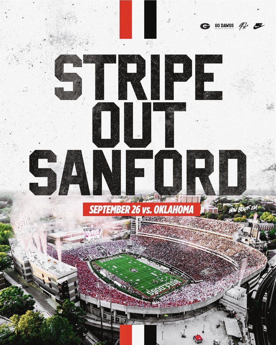 UGAAthletics's tweet photo. Get ready, Dawg Nation!

We're striping out Sanford Stadium on September 26 vs. Oklahoma!

More Information:
https://t.co/wbheJaaqNX

#GoDawgs https://t.co/T5SRLnjubB