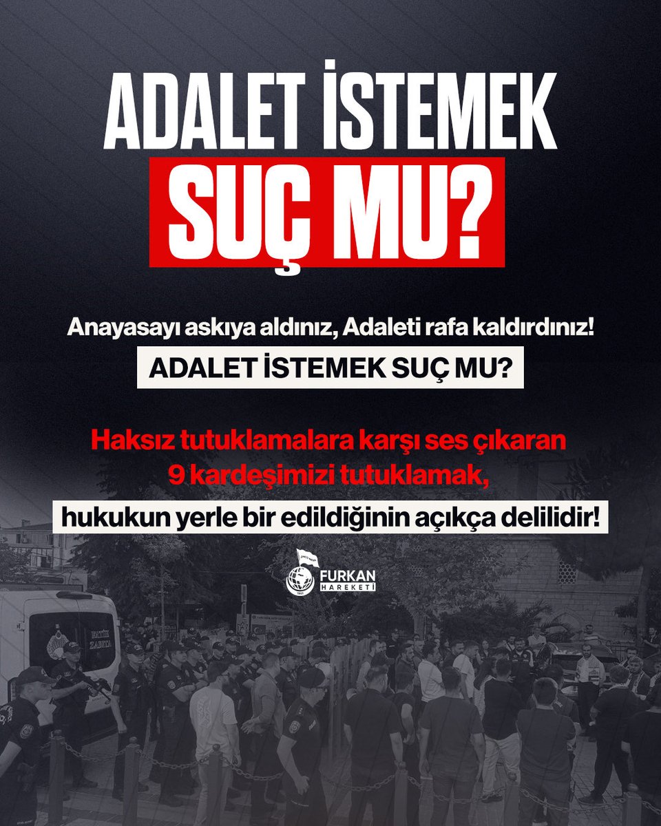 fhoncunesil's tweet photo. ADALET İSTEMEK SUÇ MU?

Anayasayı askıya aldınız, Adaleti rafa kaldırdınız!

Haksız tutuklamalara karşı ses çıkaran
9 kardeşimizi tutuklamak, hukukun yerle bir edildiğinin açıkça delilidir!

FurkanGönüllülerine Ozgürlük
TecritZulmüne SonVerin
#YeterArtık