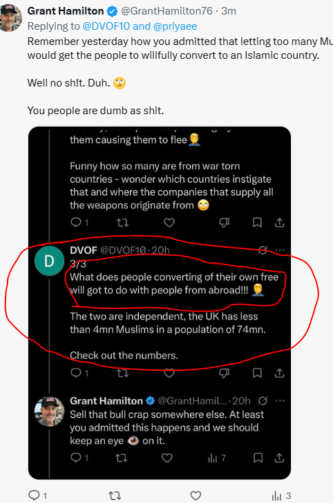 DVOF10's tweet photo. @GrantHamilton76 @priyaee Yes, you need to research history as well as get your arguments straight.  😂😂

Look at what I wrote (image)
How you came up with, "I said allowing in more muslims makes people become muslims" is beyond me.

I really want to know the logic - talk me through it 😂 https://t.co/NKcuFmemSQ