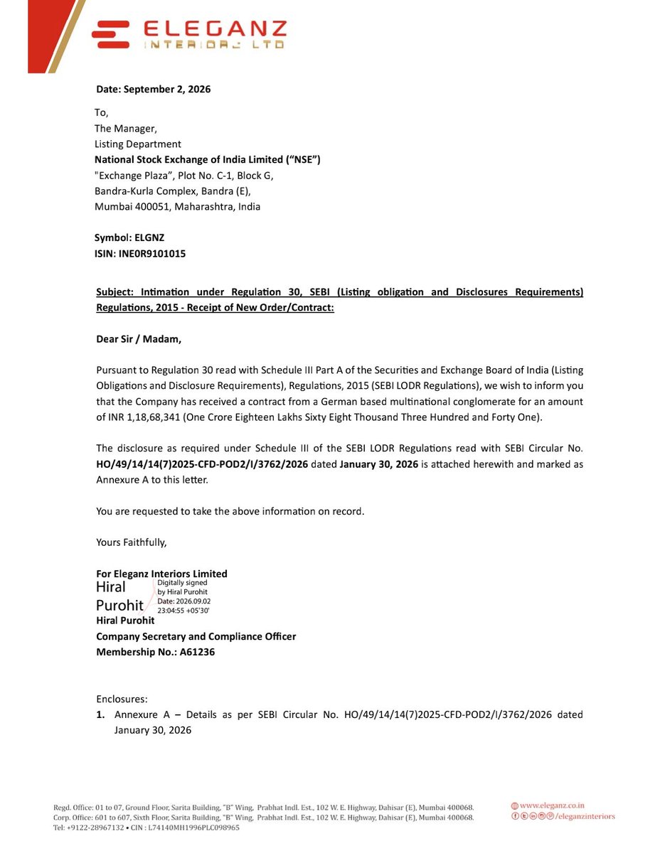 nileshkurhade's tweet photo. 📌 Eleganz Interiors Limited informed the exchange about receiving a contract from a German based multinational conglomerate for an amount of ₹1,18,68,341 for Interiors Fit out Service to be executed by December 31, 2026. #SME #ELGNZ 🏗️📋 https://t.co/taWpMawbDG