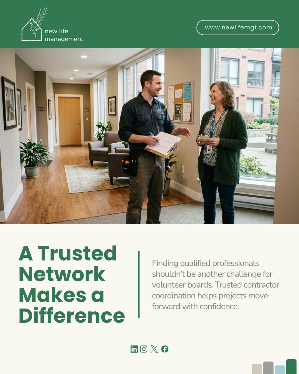 NewLifeMgt's tweet photo. Finding qualified professionals shouldn't be another challenge for volunteer boards. Trusted contractor coordination helps projects move forward with confidence. 

https://t.co/zXgbZ6Sslw 

#housingcoops #propertymanagement https://t.co/T79aERXFeE