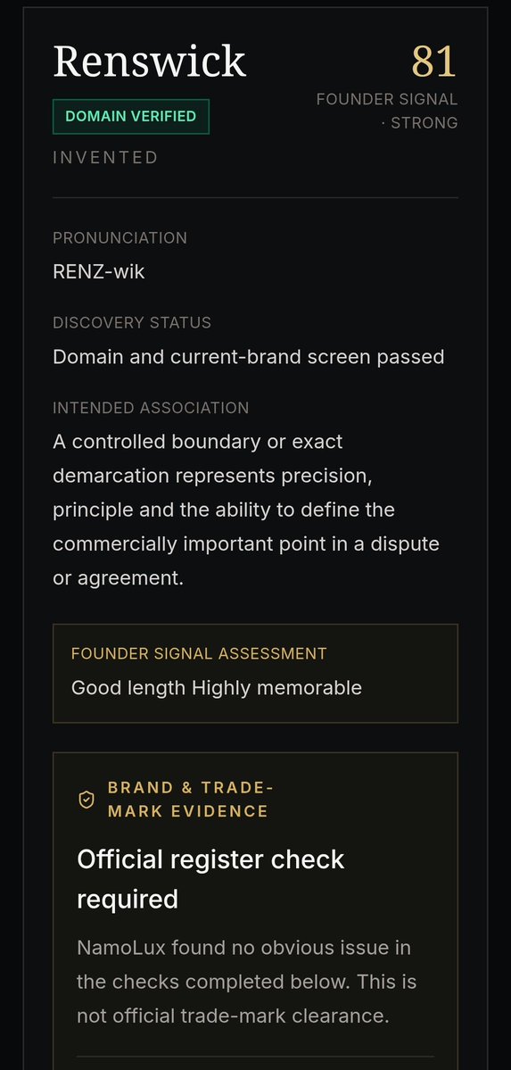 NamoLux's tweet photo. What happens when you ask NamoLux to name a modern UK law firm? ⚖️
Renswick.
Founder Signal: 81/100 · Strong
Domain verified. Current brand screen passed. Official register check still required.
Built to help founders discover names worth investigating.
https://t.co/WQyeRVxeTO https://t.co/5PpUecMIxD