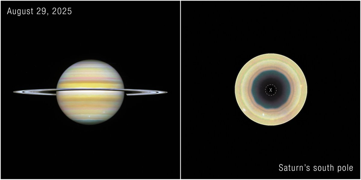 HUBBLE_space's tweet photo. 🆕 Hubble has spotted a decagon at Saturn’s south pole! 🪐

For more than 40 years, astronomers have been watching the hexagonal jet pattern 🌬️ on Saturn’s north pole. Now, they have discovered another pattern, on the planet’s south pole. 1/2 https://t.co/hAae3AGViI