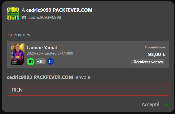 packfeverTCG's tweet photo. 🚨 HERE WE GO! 🚨

ANOTHER claim live on Packfever
Packfever → Sorare ✅

@CedNantes90 pulled Lamine Yamal (FC Barcelona 🇪🇸) T0 Classic in-game
→ real Sorare card now delivered to their wallet 🔵🔴

The bridge works.

Done deal.

#Sorare #Packfever https://t.co/jx85KMG6cF